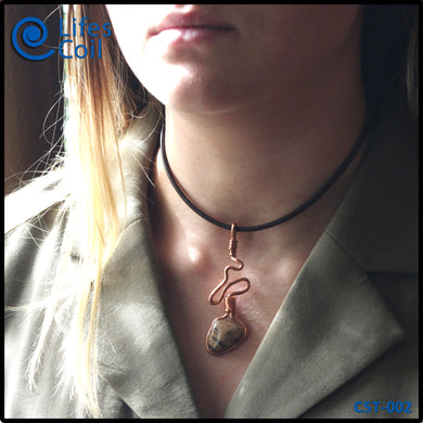 Copper Coil Pendant with Heart-Shaped Brown Speckled Stone