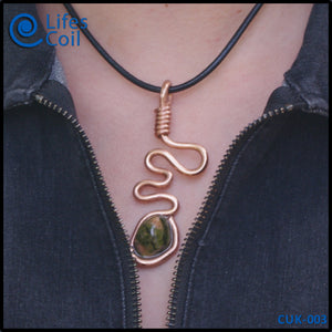 Thick Copper Coil Pendant with Green and Pink Unakite Stone