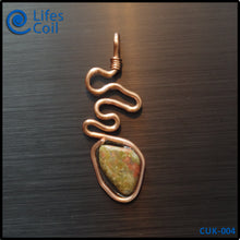 Load image into Gallery viewer, Copper Coil Pendant with Green and Pink Unakite Stone