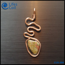 Load image into Gallery viewer, Copper Coil Pendant with Green and Pink Unakite Stone